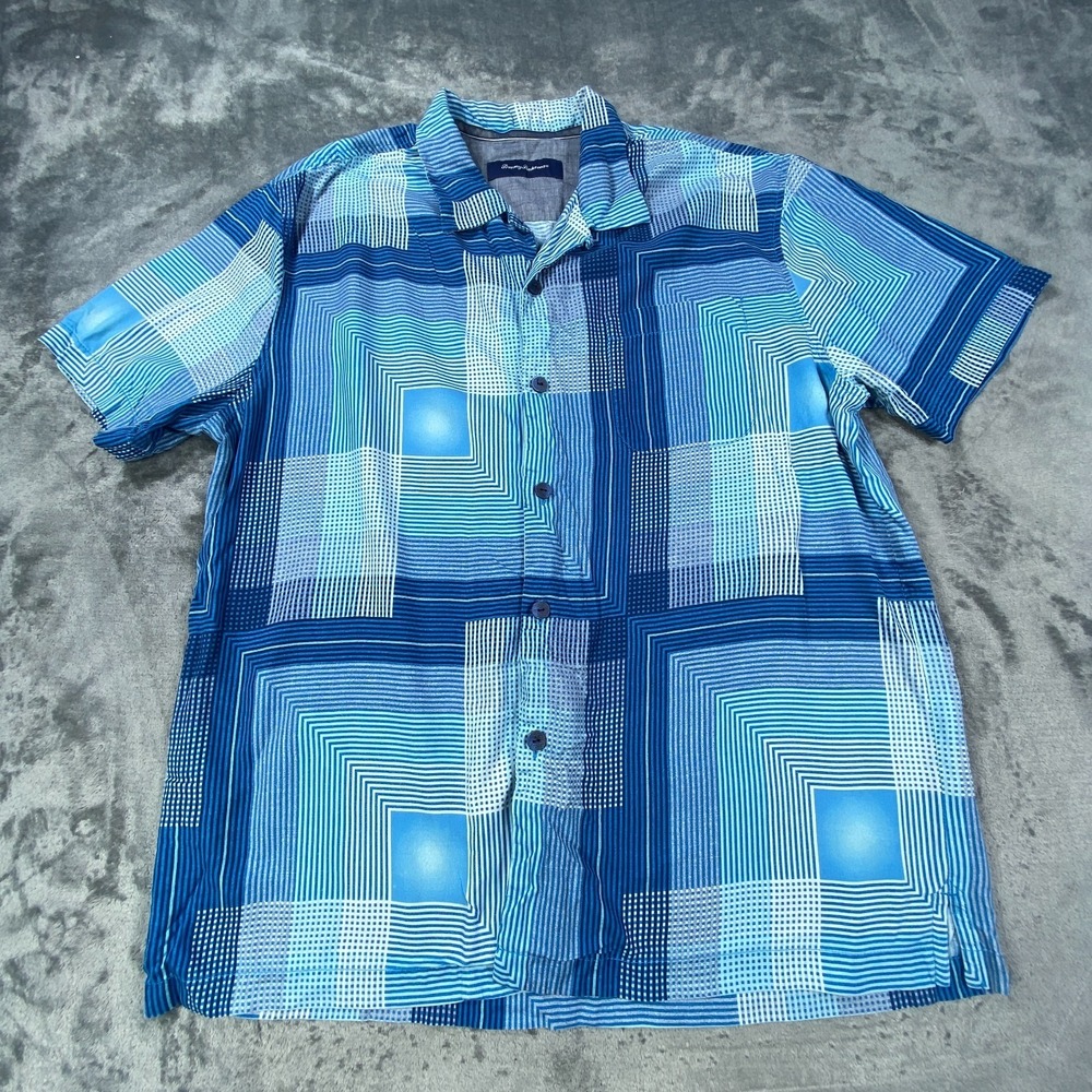 Tommy Bahama Shirt Mens Large Blue Geometric Silk Short Sleeve Camp Casual